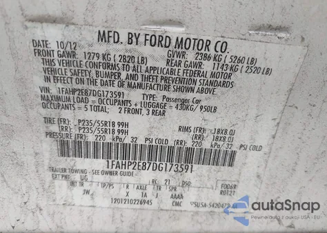 2013 Ford Taurus Sel z USA, uszkodzony, nr VIN 1FAHP2E87DG173591